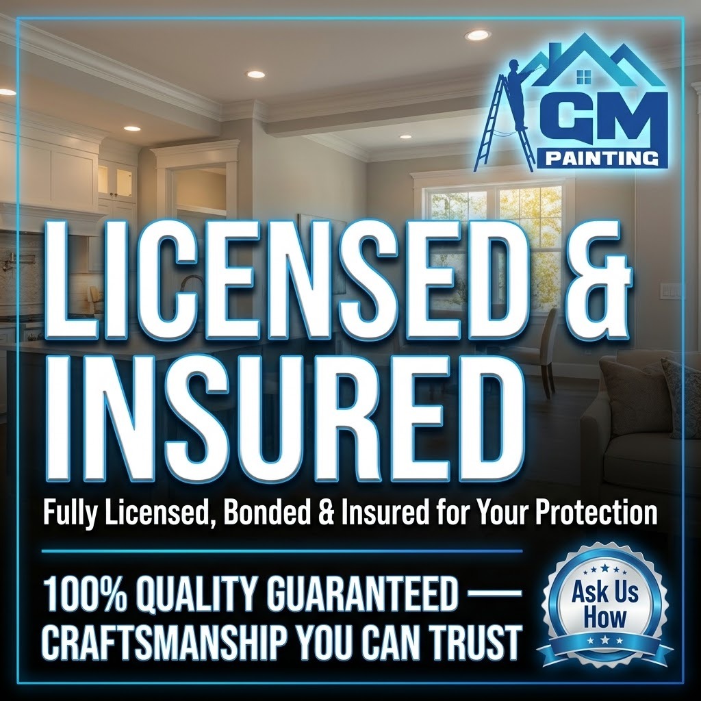 GM Painting — Licensed & Insured. Fully licensed, bonded and insured for your protection. 100% quality guaranteed.